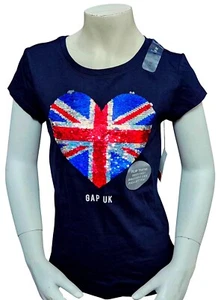 GAP UK T-Shirt Kinder Mädchen Herz Flip Pailletten marineblau kurzärmelig Top Größe Medium - Bild 1 von 5