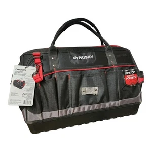 Husky Tool Bag Spring-Loaded Large Mouth 54-Pockets Zippered Top Lockable Black - Picture 1 of 10