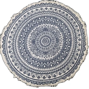 Boho Round Mandala Rug 33" Blue White Fringed Cotton Mat Bohemian Decor - Picture 1 of 4