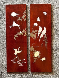 Vintage 26"x8" asiatische Messing Intarsien Vögel Lack Holz Wandbehang Plakette 2 Paneele - Bild 1 von 1