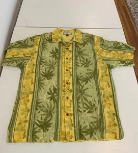 Tommy Bahama Shirt Large Yellow Linen Vintage Hawaiian Isalnd Floral Camp Aloha - Picture 1 of 6