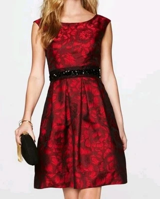 Eliza J Cocktail Dress Woman Plus 18 Red Floral Embellish Waist Pleated Midi Nwt - Image 1 of 4