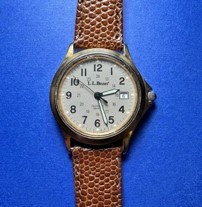 Mens L.L. Bean Field Watch Calendar Day Date Gold Tone Leather Strap New Battery - Picture 1 of 12