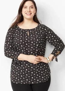 Talbots Tie Sleeve Keyhole Semi Sheer Classic Polka Dot Blouse Black White 1X - Picture 1 of 9