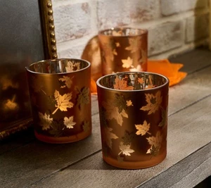 S/3 Illuminated Autumn Leaves Glass Votives with Sheer Bags by Valerie in Amber - Picture 1 of 2