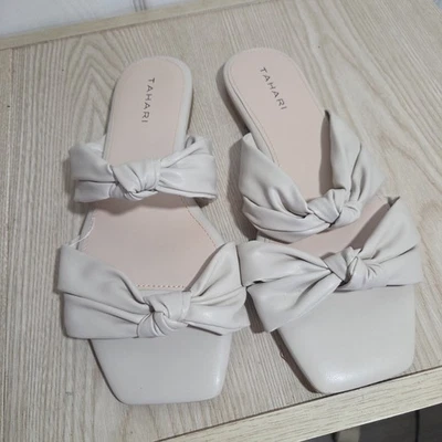 Tahari Beige Faux Leather Knotted Toe Straps Flat Slide Sandals Size 8.5 - Image 1 of 4