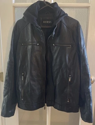 GUESS Men's Faux Leather Hooded Moto Jacket Large - Image 1 of 4