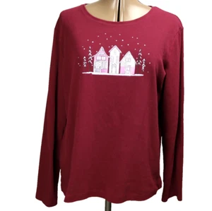 Croft & Barrow The Classic Tee Snowing Houses Glitter Rhinestones Long Sleeve L - Picture 1 of 24