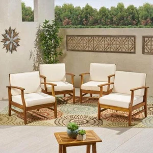 Noble House Patio Outdoor Lounge Chair Wood Teak w/ Cream Cushions (4-Pack) - Picture 1 of 6