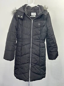Calvin Klein Girls Hooded Long Puffer Jacket Faux Fur Trim Sz 12/14 Large. 1H - Picture 1 of 7