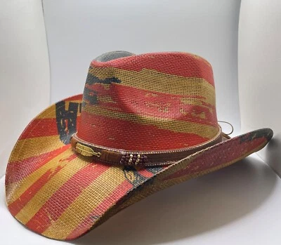 Chapéu de cowboy listra vermelha bandeira dos EUA águia com folha de ouro aba moldável vintage ocidental - Imagem 1 de 4