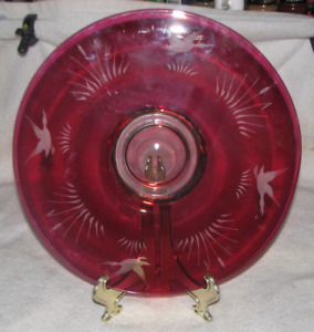 Vintage Hand Blowen Ruby Red Cut to Clear Glass, Cake Stand, Cafe Pastry Display