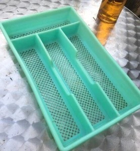 Vintage Cutlery Tray Organiser Kitchenalia Storage C. 60s 70s Green Plastic - Picture 1 of 3