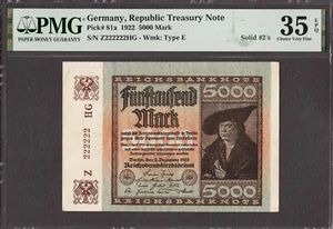 Germany 5000 Mark 1922 SOLID Serial # Z 222222 Pick-81a Very Fine PMG 35 EPQ - Picture 1 of 2