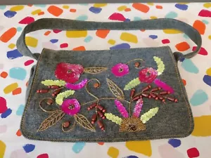 Vintage Y2K Dorothy Perkins Denim Sequins Shoulder Bag Flowers Pink Green - Picture 1 of 9