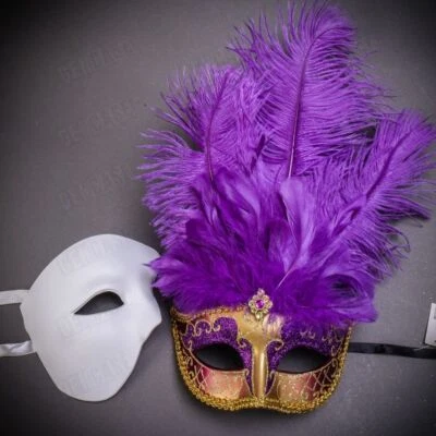 Venetian Couple Masks Set White Phantom Opera Gold Feather Masquerade Costume - Image 1 of 3