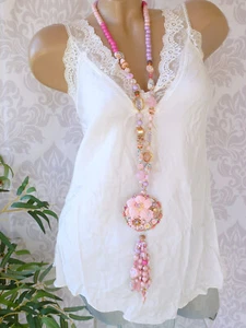 xl Kette mit Perlen Quasten Blume Ibiza Hippie boho 67 cm länge rosa - Bild 1 von 3