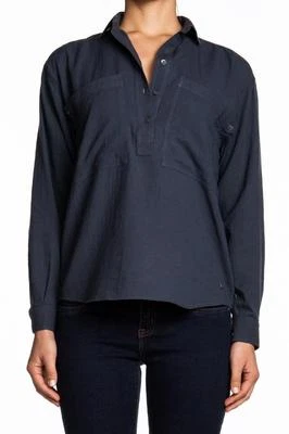 Camisa MiH Jeans Yves Denim Mangas Largas Top SH1413DU Azul Lavado Oscuro Parche Algodón Foto 1 de 4