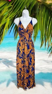 Maxi Vestido Tropical Talla Pequeña Cuello en V Azul Naranja Sin Mangas Calado Largo Solero - Imagen 1 de 6