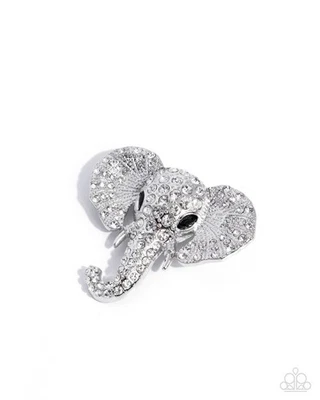 Paparazzi Elephant Empathy - White- White Rhinestones - Black Gem -Silver Brooch - Image 1 of 3