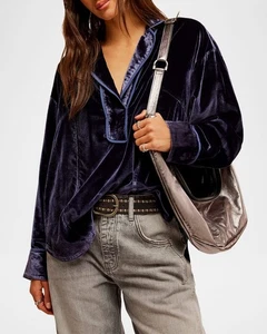 Free People Luxy Velvet Top Women's S Night Sky Collared Long Sleeve Pullover~ - Picture 1 of 19