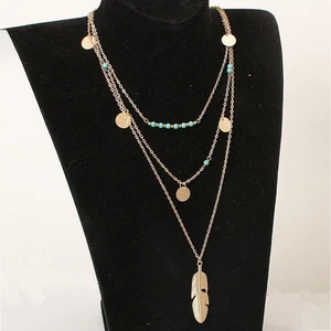 Women Multilayer Necklace Simple Ethnic Leaf Tassels Coin Beads - Picture 1 of 18