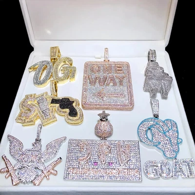 Cadena colgante 5AAA+ CIRCONITA CÚBICA Hop Hip Ice Out letra bling chapada en oro real de 14 k Foto 1 de 4