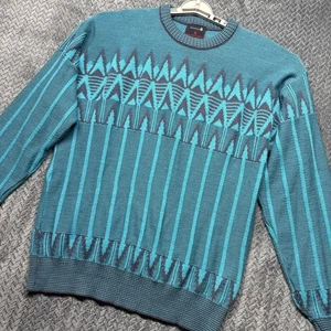 VTG Demetre 100% Wool Sweater Men Large Teal Blue Geometric Knit Made In USA - Picture 1 of 10