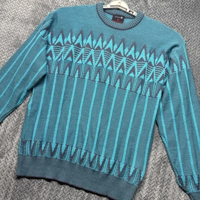 VTG Demetre 100% Wool Sweater Men Large Teal Blue Geometric Knit Made In USA - Image 1 of 4