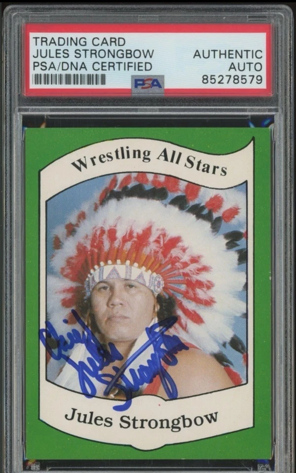 JULES STRONGBOW 1983 WRESTLING ALL STARS HAND SIGNED ROOKIE CARD #17 PSA AUTO - Image 1 of 2