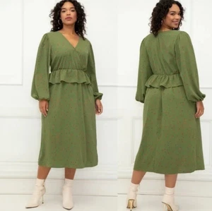 Eloquii Peplum Midi Dress Womens 24 Green V Neck Surplice Long Balloon Sleeve - Picture 1 of 9