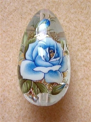 Lovely Japanese Tensha Drop Focal Bead Single Blue Rose on Clear 30x16mm - Image 1 of 3