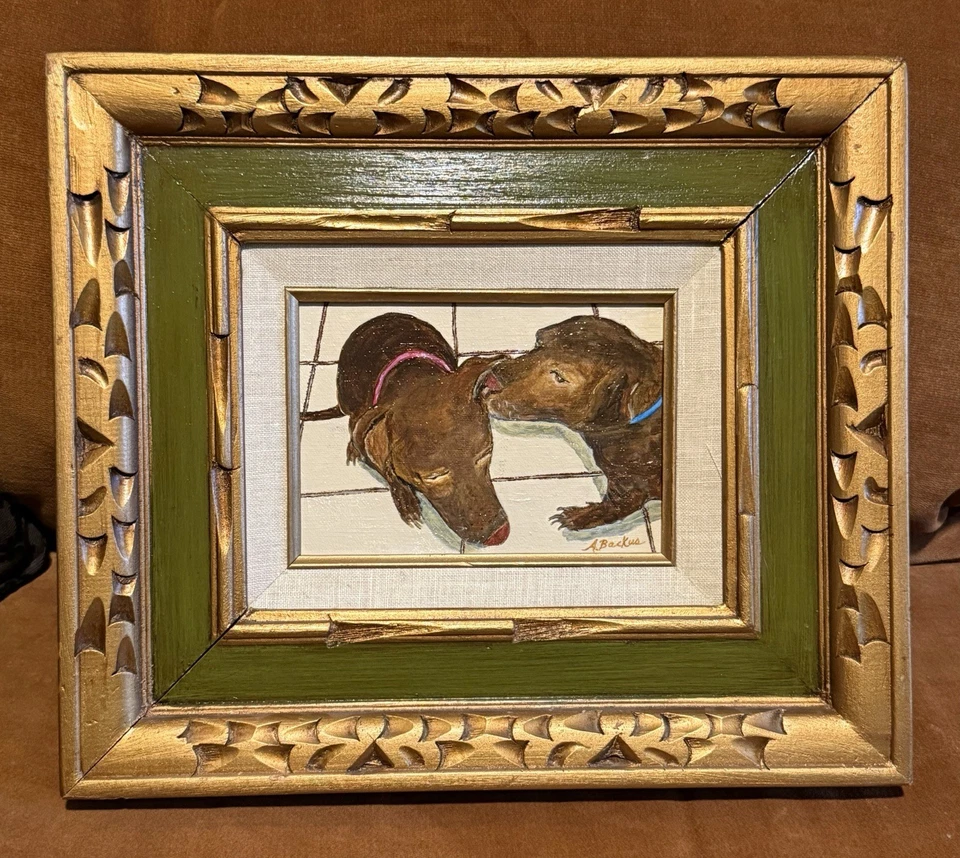 Par de Dachshunds Pintura En Marco De Madera A. Backus Artista Usado En Excelente Condición Foto 1 de 4