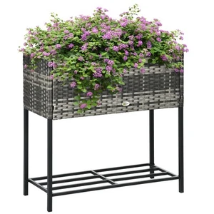 PE Rattan Outdoor Raised Flower Garden Planter Bed Box w/ Storage Shelf, Gray - Picture 1 of 11
