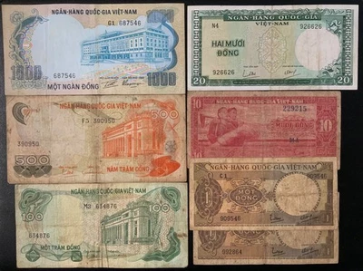 PAPEL MONEDA VIETNAM DEL SUR 1950’S-1970’S - ¡LOTE DE 7 BILLETES CIRCULADOS! Foto 1 de 2