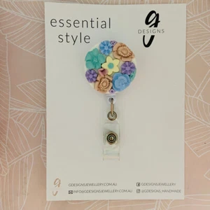 Handmade - CLAY - Retractable Badge Reel - 'Textured Floral' - Pastel Posy - Picture 1 of 6