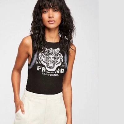 Camiseta sin mangas We The Free People Moto Talla M Mini Tigre Bordada Algodón Lino Negra Foto 1 de 4