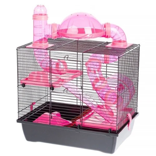 INTERZOO Nagerkäfig für Hamster Meerschweinchen mit Zubehör rosa/schwarz 42 cm