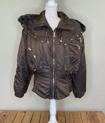 Vintage kaelin skiing finesse women’s full zip Faux Fur Hood coat sz 10 brown HG - Image 1 of 4