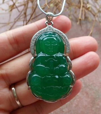 White Gold Plate Green AGATE Chalcedony JADE Guanyin Pendant Necklace 397140 - Image 1 of 4