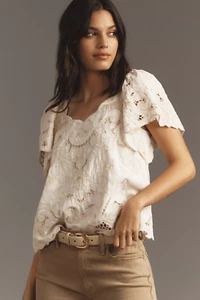 ANTHROPOLOGIE LAINIE CUTWORK EYELET EMBROIDERED LACE BLOUSE TOP IVORY WHITE XL - Picture 1 of 6