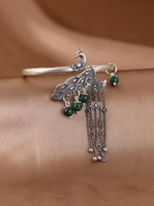 I05 Bangle Peacock Phoenix With Green Malachite Fine Silver 999 Tassel 925 - Imagen 1 de 10