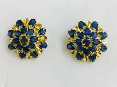 12K Solid Yellow Gold Cluster Clip On Back Earring W/Natural Oval Sapphire 6.6GM - Image 1 of 4