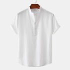 Mens Henley T-Shirt Linen Cotton Shirts Button Up Beach Tops Casual Short Sleev?