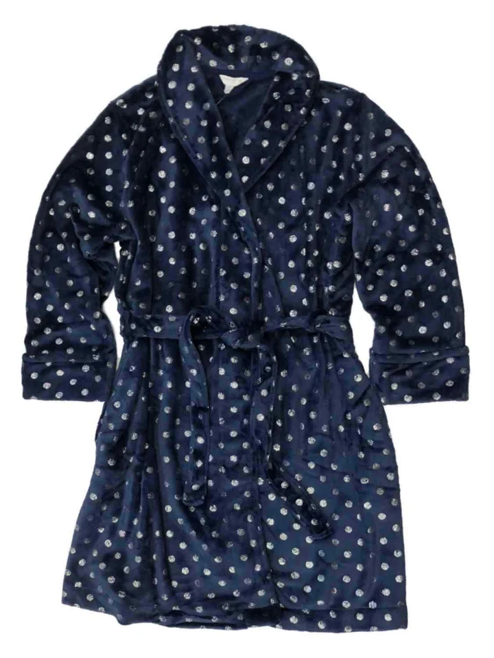 Womens Plus Plush Navy Blue & Silver Polka Dot Bathrobe House Coat Bath Robe - Image 1 of 1
