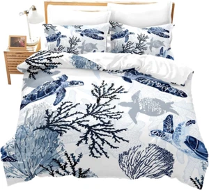 Turtle Bedding Set Twin Nautical Coastal Bedding,White Blue Sea Turtle Comforter - Picture 1 of 4
