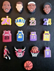 6 x NBA BASKETBALL JERSEY KOBE JORDAN LEBRON CURRY CROC JIBBITZ SHOE CHARM - Picture 1 of 1