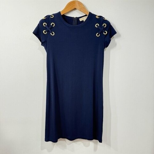 Abito donna Michael Kors taglia S blu navy con occhielli oro stringati spalle accento