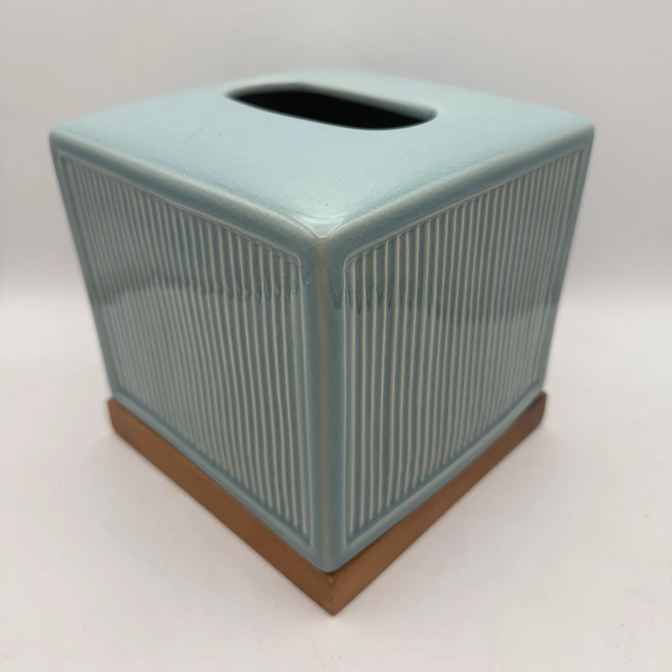 Aqua Blue Ceramic Tissue Box Holder With Wood Cottage Core Nautical Beach Vibes - Image 1 of 4