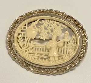 Hand Carved Brooch Vintage Scenic Pin Collectible Asian Garden Silver Tone - Picture 1 of 5